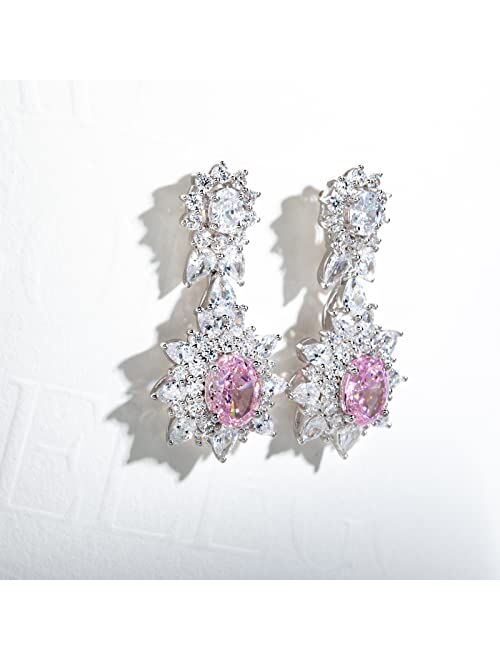 Gobaalele Oval Cut Drop Dangle Earrings, 1.5ct Cubic Zirconia Pink Stone Earrings, 925 Sterling Silver CZ Earrings for Women