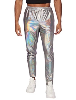 Men's Metallic Drawstring Waist Holographic Party Club Pants with Pockets