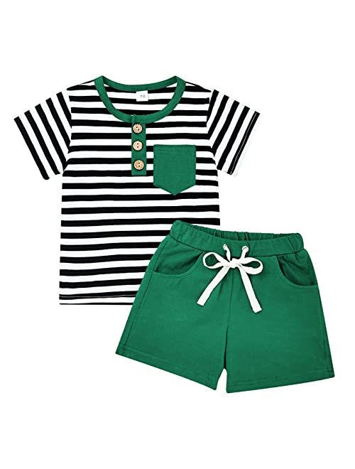 FOCUTEBB Toddler Baby Boy Clothes Short Sleeve Striped Tops T-Shirt Casual Shorts Set 2PC Little Boy Clothing Summer Outfits