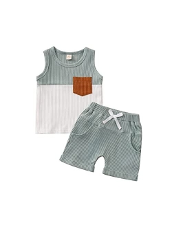 Rtnnsbbfcm Newborn Baby Boy Girl Summer Clothes Sleeveless Pocket Color Block Ribbed Tank Top Shorts 2Pcs Casual Outfit