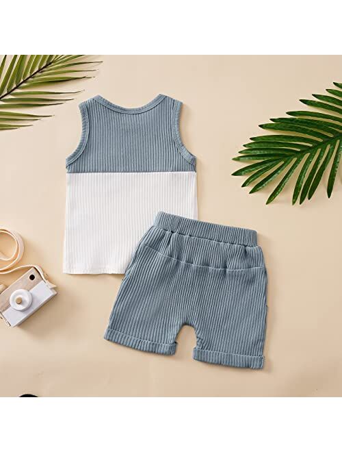 Rtnnsbbfcm Newborn Baby Boy Girl Summer Clothes Sleeveless Pocket Color Block Ribbed Tank Top Shorts 2Pcs Casual Outfit