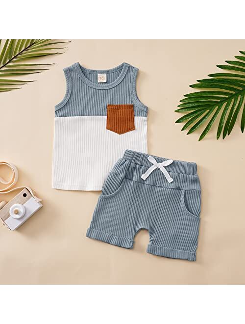 Rtnnsbbfcm Newborn Baby Boy Girl Summer Clothes Sleeveless Pocket Color Block Ribbed Tank Top Shorts 2Pcs Casual Outfit