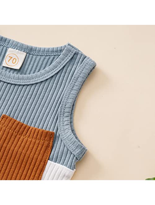 Rtnnsbbfcm Newborn Baby Boy Girl Summer Clothes Sleeveless Pocket Color Block Ribbed Tank Top Shorts 2Pcs Casual Outfit