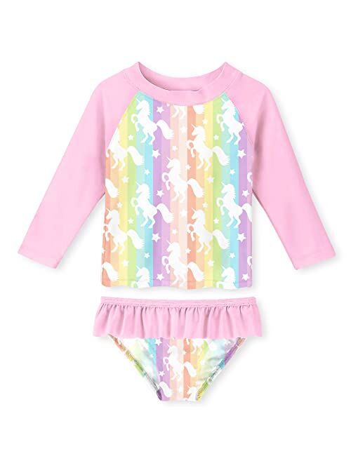 Funnycokid Girls Rash Guard Swimsuit Set Long Sleeve Two Piece Bathing Suit with UPF 50+ UV 2-10 Years