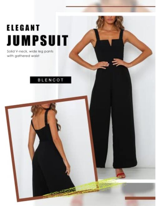 BLENCOT Sleeveless Jumpsuits For Women Dressy Casual V Neck Wide Leg Long Pants Slip Rompers Summer Overalls