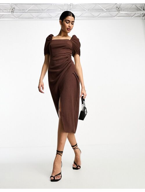 ASOS DESIGN textured square neck puff sleeve midi dress in chocolate