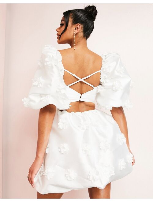 ASOS LUXE sweetheart corsetted puff sleeve mini dress with 3d flowers in white