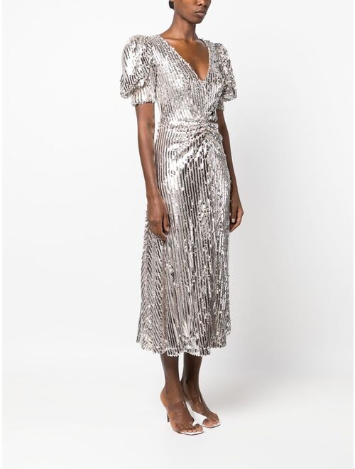 ROTATE puff-sleeve sequin midi dress