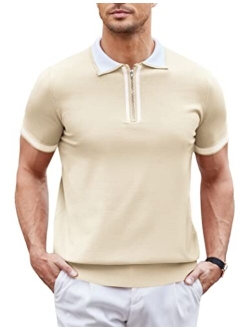 Men Zipper Polo Shirt Casual Knitted Short Sleeve Polo T Shirt Retro Golf Summer Polo