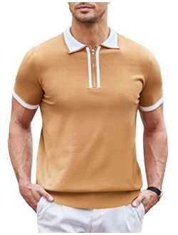 Men Zipper Polo Shirt Casual Knitted Short Sleeve Polo T Shirt Retro Golf Summer Polo