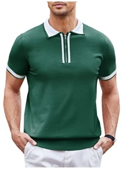 Men Zipper Polo Shirt Casual Knitted Short Sleeve Polo T Shirt Retro Golf Summer Polo