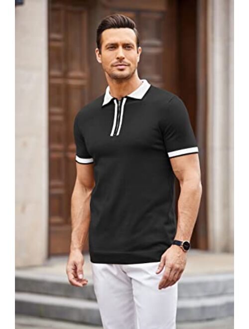 COOFANDY Men Zipper Polo Shirt Casual Knitted Short Sleeve Polo T Shirt Retro Golf Summer Polo