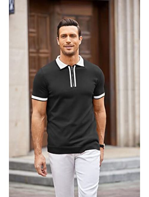 COOFANDY Men Zipper Polo Shirt Casual Knitted Short Sleeve Polo T Shirt Retro Golf Summer Polo