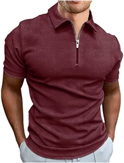 Men's Zipper Polo Shirts Waffle Knit Polo T Shirts Short Sleeve Casual Slim Fit Knitted Golf Shirt