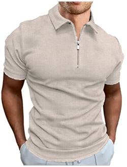 Men's Zipper Polo Shirts Waffle Knit Polo T Shirts Short Sleeve Casual Slim Fit Knitted Golf Shirt