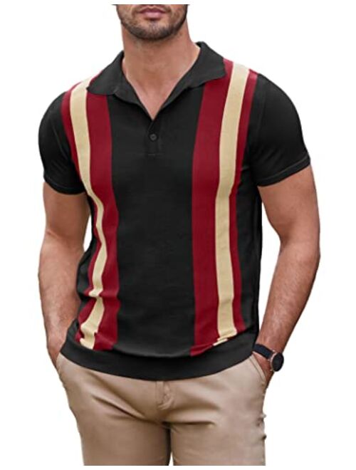 COOFANDY Men's Knit Polo Shirt Short Sleeve Vintage Striped Golf Shirt