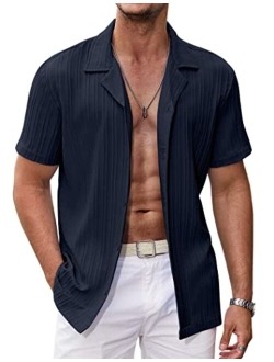 Men's Casual Shirts Short Sleeve Button Down Shirt for Men Textured Fashion Summer Beach Shirt