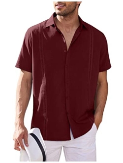 Mens Short Sleeve Cuban Guayabera Shirt Casual Summer Beach Button Down Shirts