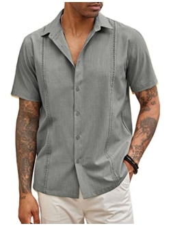 Mens Short Sleeve Cuban Guayabera Shirt Casual Summer Beach Button Down Shirts