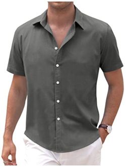 Men's Linen Casual Short Sleeve Shirts Button Down Summer Beach Shirt