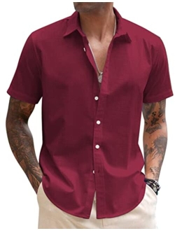 Men's Linen Casual Short Sleeve Shirts Button Down Summer Beach Shirt