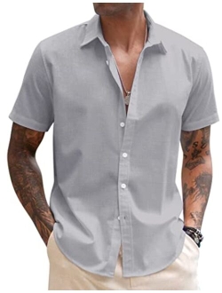 Men's Linen Casual Short Sleeve Shirts Button Down Summer Beach Shirt