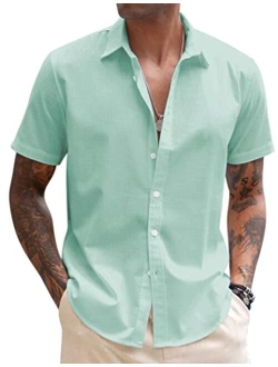 Men's Linen Casual Short Sleeve Shirts Button Down Summer Beach Shirt