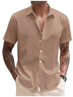 Men's Linen Casual Short Sleeve Shirts Button Down Summer Beach Shirt