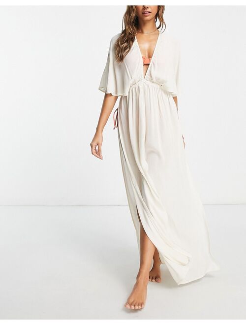 ASOS DESIGN plunge crinkle maxi cover up with slits in natural