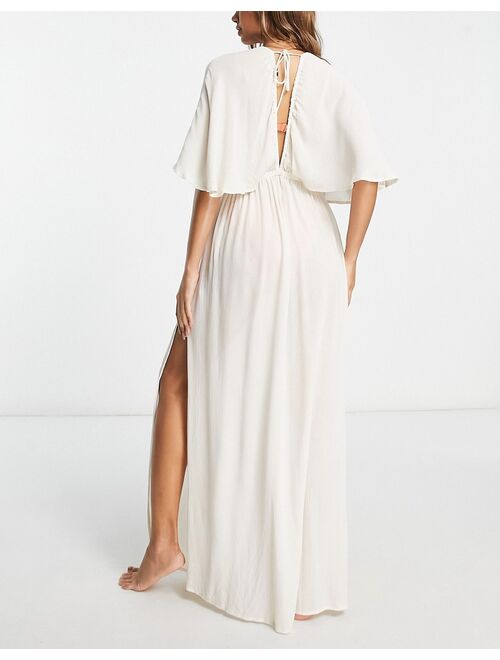 ASOS DESIGN plunge crinkle maxi cover up with slits in natural