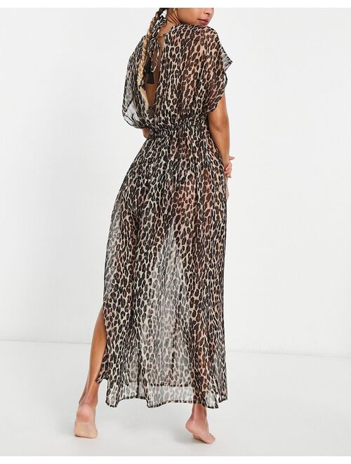 Accessorize maxi chiffon beach kimono in leopard print