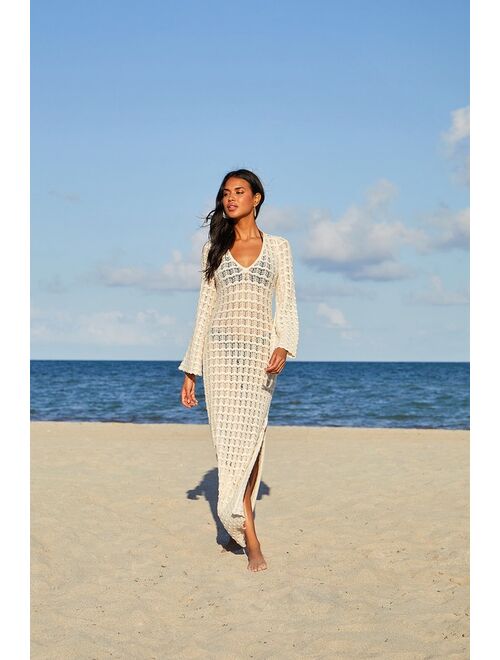 Lulus Sunshine Style Beige Crochet Maxi Swim Cover-Up