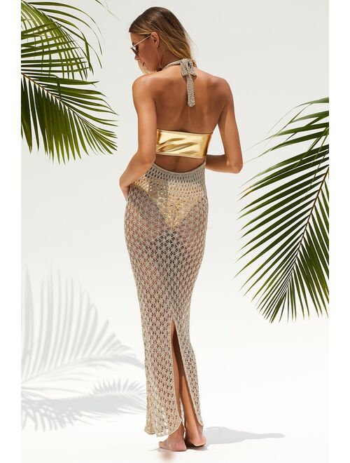 Lulus Shining Sands Gold Metallic Crochet Halter Maxi Swim Cover-Up