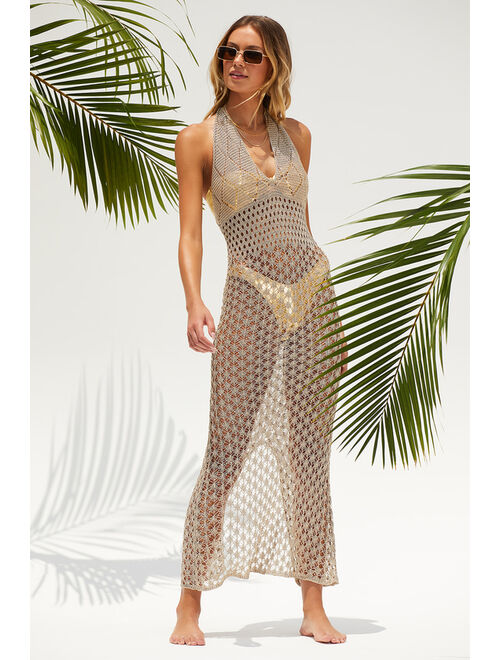 Lulus Shining Sands Gold Metallic Crochet Halter Maxi Swim Cover-Up