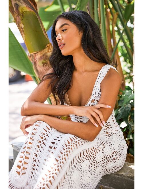 Lulus Bring on the Beach White Crochet Maxi Swim Cover-Up