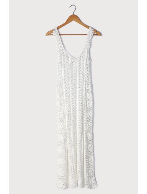 Lulus Bring on the Beach White Crochet Maxi Swim Cover-Up