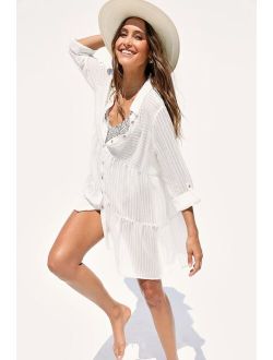 Coastal Cuteness White Long Sleeve Collared Swim Cover-Up