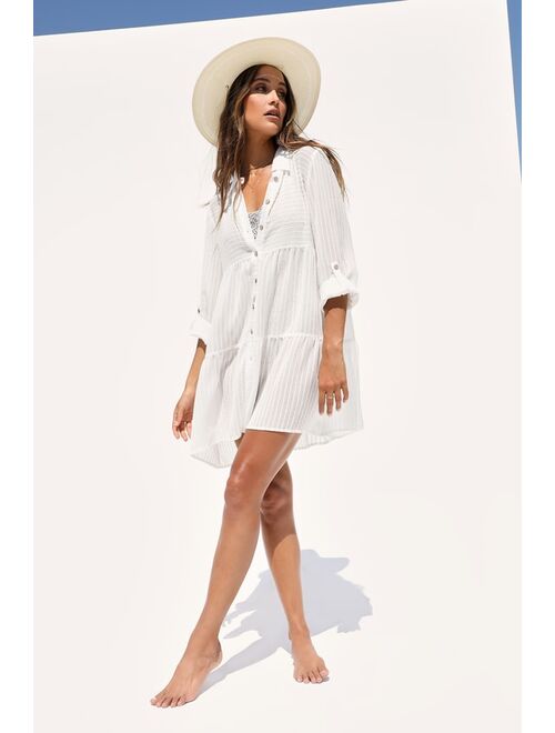 Lulus Coastal Cuteness White Long Sleeve Collared Swim Cover-Up