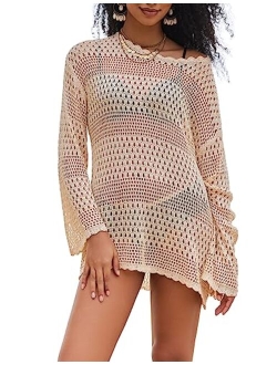 AOLRO Bathing Suit Cover Ups for Women Crochet Long Sleeve Swimsuit Hollow Out Bikini Coverup Tunic Top Beach Outfits S-XXL