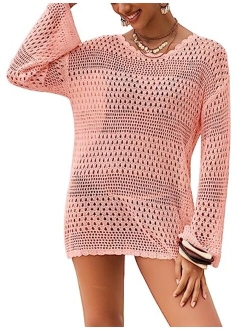 AOLRO Bathing Suit Cover Ups for Women Crochet Long Sleeve Swimsuit Hollow Out Bikini Coverup Tunic Top Beach Outfits S-XXL