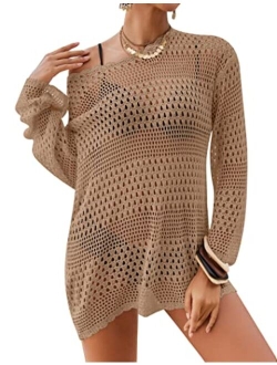 AOLRO Bathing Suit Cover Ups for Women Crochet Long Sleeve Swimsuit Hollow Out Bikini Coverup Tunic Top Beach Outfits S-XXL