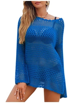 AOLRO Bathing Suit Cover Ups for Women Crochet Long Sleeve Swimsuit Hollow Out Bikini Coverup Tunic Top Beach Outfits S-XXL