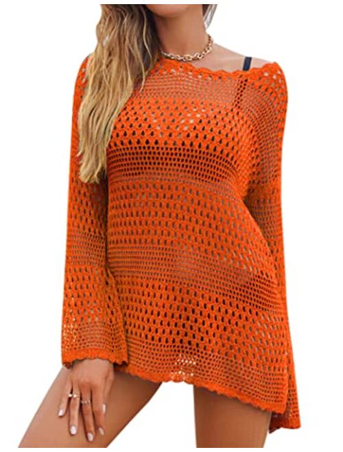 AOLRO Bathing Suit Cover Ups for Women Crochet Long Sleeve Swimsuit Hollow Out Bikini Coverup Tunic Top Beach Outfits S-XXL