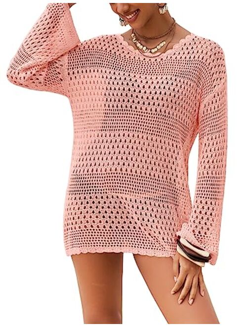 AOLRO Bathing Suit Cover Ups for Women Crochet Long Sleeve Swimsuit Hollow Out Bikini Coverup Tunic Top Beach Outfits S-XXL