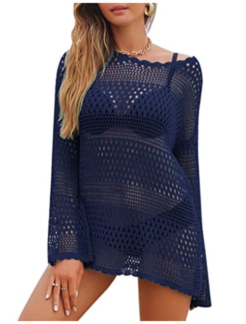 AOLRO Bathing Suit Cover Ups for Women Crochet Long Sleeve Swimsuit Hollow Out Bikini Coverup Tunic Top Beach Outfits S-XXL