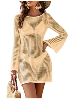 Women's Swimsuit Coverup Crochet Bikini Cover Ups Hollow Out Net Longsleeve Swimwear for Beach