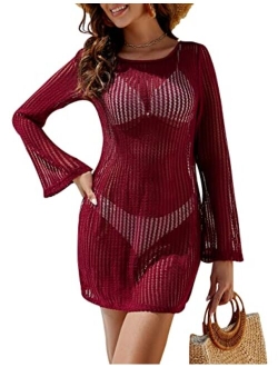 Women's Swimsuit Coverup Crochet Bikini Cover Ups Hollow Out Net Longsleeve Swimwear for Beach