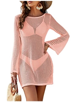 Women's Swimsuit Coverup Crochet Bikini Cover Ups Hollow Out Net Longsleeve Swimwear for Beach