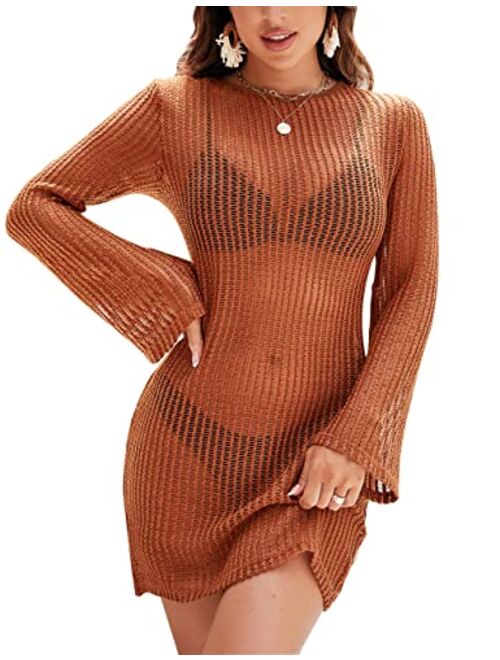 Blooming Jelly Women's Swimsuit Coverup Crochet Bikini Cover Ups Hollow Out Net Longsleeve Swimwear for Beach