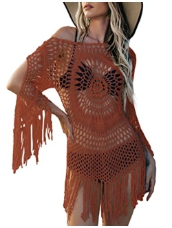 AOLRO Women's Swimsuit Cover Up Crochet Bikini Beach Bathing Suit Hollow Out Tassel Coverups